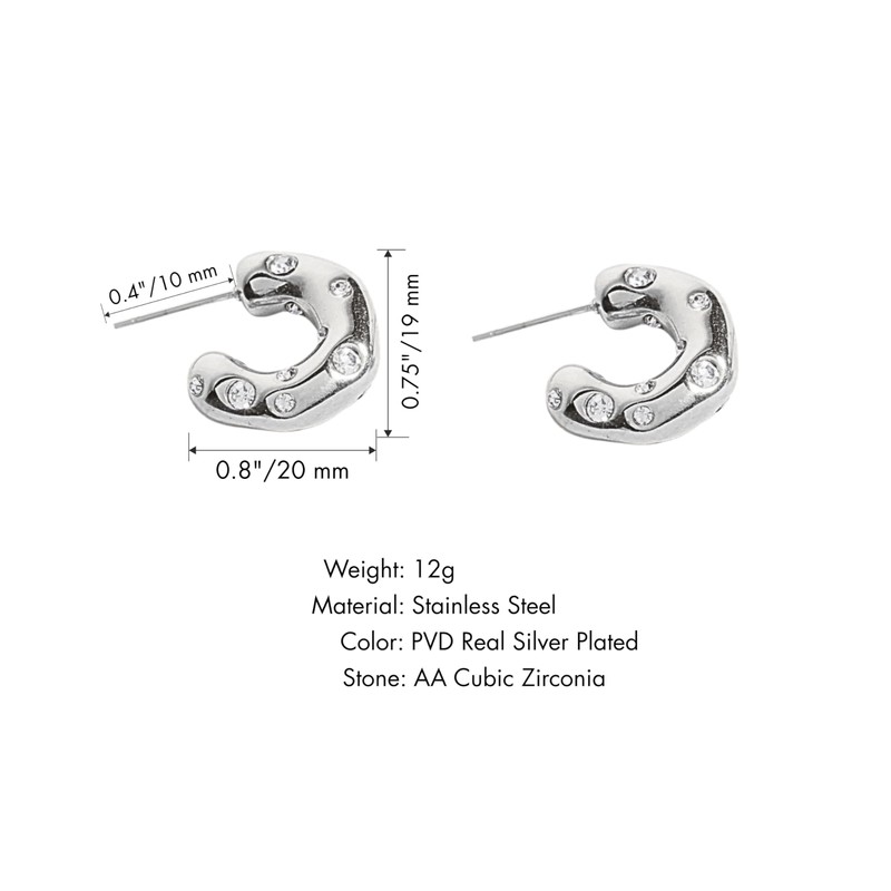 QueenBee Silver Plated Crystal Studded C Shaped Hoop Earrings, Chunky