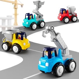 iPlay, iLearn Toddler Construction Toy Trucks for Toddlers 1-3, Baby Push Go Cars, Kids Friction Powered Vehicles Set W/Crane Cement Lift Dump Truck, Birthday Gifts 12 18 Month 2 4 Year Olds Boy Girl