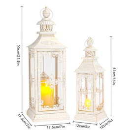 TRIROCKS Set of 2 Decorative Lanterns 21.5'' & 16" H Vintage Hanging Tower Lantern Metal Candle Holder with Tempered Glass for Indoor Outdoor Home Decor Parties Garden Wedding (White with Gold Brush)