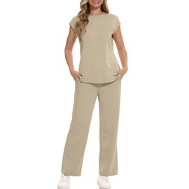 RUBZOOF Summer Outfits for Women Casual 2 Piece Lounge Sets Vacation Traval Clothes Plus Size Cozy Sleeveless Tops Matching Pants Set Athletic Workout Sets Khaki 2XL