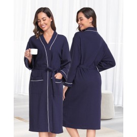 Sopesil Women Waffle Dressing Gowns, Cotton Kimono Robes Soft Luxury Bathrobe Loungewear Sleepwear Spa and Hotel for All Year A-Navy Blue,M