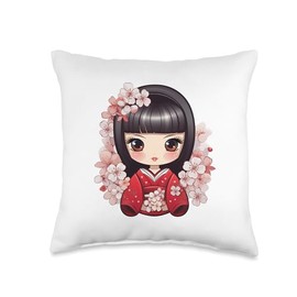 Cute Kokeshi Doll With Cherry Blossoms I Kokeshi Throw Pillow