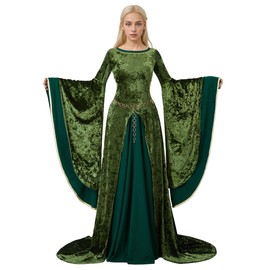 miccostumes Women's Renaissance Dress MedievalQueen Cosplay Costume Long Wide Sleeves Green Velvet Dress (S)