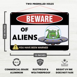 Venicor Beware of Alien Sign - 8 x 12 Inches - Aluminum - Alien Decor - Gift For Alien Lovers - Ufo Sign Room Decor - Metal Aliens Bedroom Decorations - Area 51 Wall Poster Things Stuff Tapestry