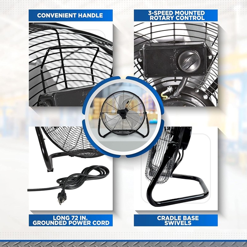 EZ-CHILL 18” 3-Speed High-Velocity Cradle/Floor Fan with 180-Degree Adjustable Tilt,