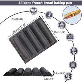 masteymoh 5-Cavity French Bread Baking Pan, Hoagie Rolls Pan, Soft Foldable for Easy Storage, Non-Stick, BPA-Free, 17.2" x 12.2" x 1.4"