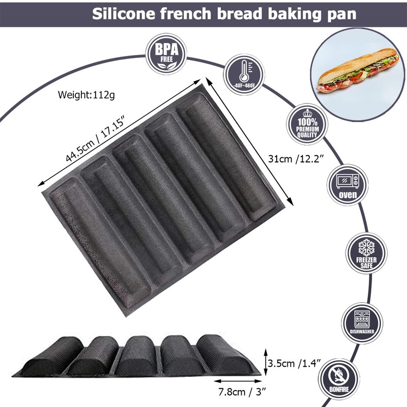 masteymoh 5-Cavity French Bread Baking Pan, Hoagie Rolls Pan, Soft