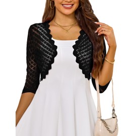 LIENRIDY Women's 2024 Cropped Cardigan 3/4 Sleeve Hollowed-Out Open Front Bolero Shrug for Dresses, Black, M
