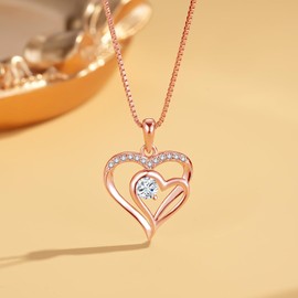 Loutade Necklace for Women Girls, S925 Rose Gold Heart-Shape Necklaces Pendant with 45+5cm Silver Chain, Fashion Dainty CZ Infinity Jewellery Gifts for Mum Daughter Girlfriend on Mothers Day Birthday