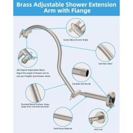 Hibbent All Metal 18'' Shower Head Extension Arm,Height & Angle Adjustable Shower Arm US - Brushed Nickel