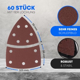 Prio Sanding Triangles / 11 Hole / 105 x 152 mm / 10 x Grit 40-60 - 80-120 - 180-240 / for Multi-Sander / Sanding Sheets / Triangular Sanding Pads / Sandpaper / Pack of 60