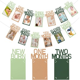 Buryeah 1st Birthday Photo Banner for Baby from Newborn to 12 Months Green Kraft First Birthday Decorations with Frame One Year Photo Banner First Birthday Banner for Girl Monthly Milestones Garland