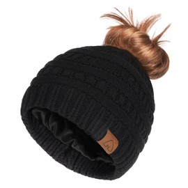 Hat Hut Satin Lined Beanie Hat for Women Silk Lined Winter Hat for Curly Hair Ponytail Beanie Messy Bun Knit Skull Cap (Black)