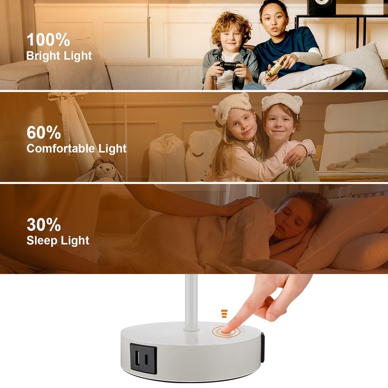 Set of 2 Touch Control Bedside Table Lamps, 3-Way Dimmable