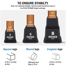ANNKUT Bed Risers 8 inch Heavy Duty,Elevation in Heights 3, 5, 8 Inch，Adjustable Furniture Risers for Chair Table and Desk Legs Lifting (4 Pack,Black)