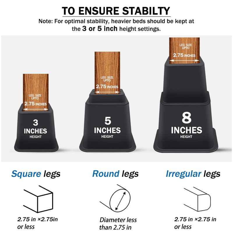 ANNKUT Bed Risers 8 inch Heavy Duty,Elevation in Heights 3,