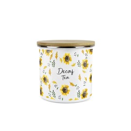 Purely Home Sunflowers Decaf Tea Storage Canister - White Floral Metal Enamel Medium Sized Food Storage Container