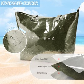 KALIDI PVC Zipper Tote Bag, Kraft Paper Beach Bag Large Hobo Carry All Travel Shopping Handbag Plastic Shoulder Bag, Olive