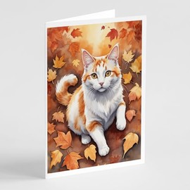 Caroline's Treasures Turkish Van Cat in Fall Leaves Greeting Cards Pack of 8 Blank Cards with Envelopes Whimsical A7 Size 5x7 Blank Note Cards