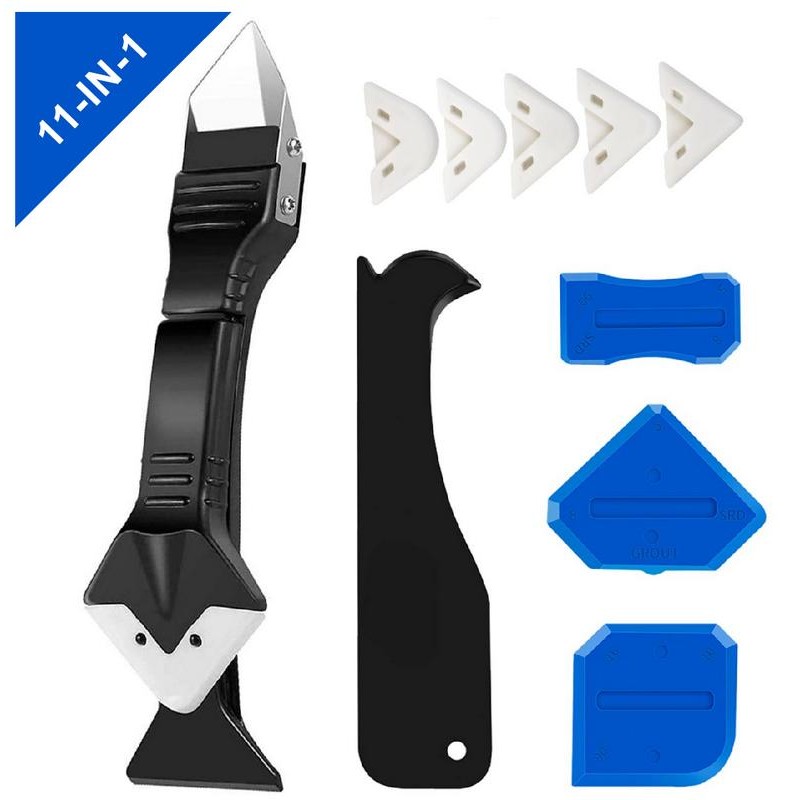 11Pcs Silicone Caulking Tools 3 in1 Grout Removal Tool(Stainless Steelhead)&Grout