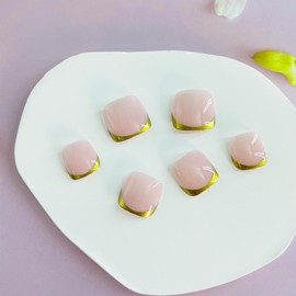 French Tip Press on Toenails Short Square Fake Toe Nails with Designs Brass Gold Glue on Nails Chrome False Toenails Metal Style Acrylic Toe Nails Glossy Artificial Toenails Kit for Women