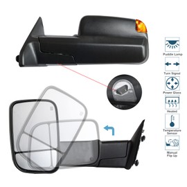 Adanz Towing Mirrors fit for 09-18 Dodge Ram 1500 2500 3500 Power Heated Puddle Lamp Temperature Sensor Turn Signal Light Pickup Truck Tow Mirrors LH RH Black