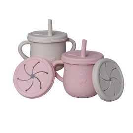 PAPU BABY Set de 2 Vasos/Tazas Entrenador de silicón con popote y tapa para Snack (Rosa Pastel/Beige)