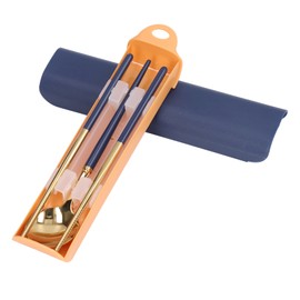 Stainless Steel Flatware Set Reusable Utensils Set Student Cutlery Storage Box Travel Fork Spoon Chopsticks SetDark Blue Gold