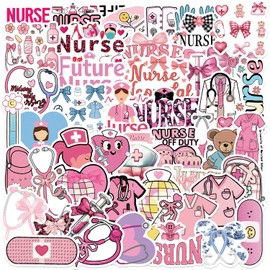Pink Nurse Stickers 50 Pcs Vinyl Cute Trendy Bow Sticker for Laptop Skateboard Water Bottle Scrapbook Luggage Car Helmet Computer,Waterproof Funny Healthcare Worker Decals for Adults Girls