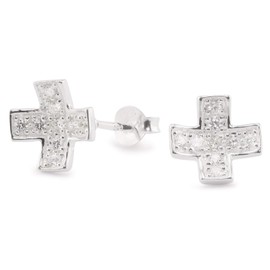 Monkimau Women's Earrings Cross Stud Earrings Made of 925 Sterling Silver with Crystals Concave, Silver