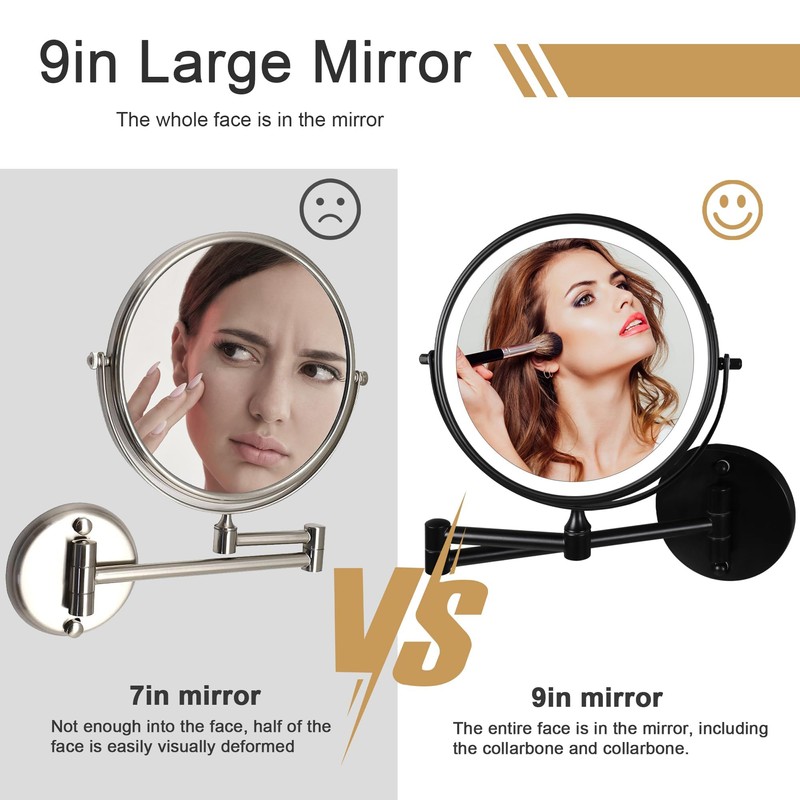 9" Large Black Wall Mount Magnifying Mirror With Light, TUSHENGTU