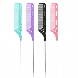 4 Pcs Rat Tail Comb Set Steel Pin Rat Tail Carbon Fiber Heat Resistant Teasing Combs with Hollow Design, Metal Parting Fine Tooth Hair Combs for Women,4 Colors Styling Comb for Precision Hair Styling