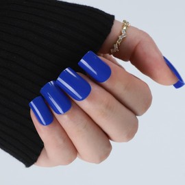 Press On Nails Solid Dark Color Fake Nails, Short Square Medium Shape, Stick on Nails，Glue on Nails Short Coffin False Nails on 24PCS (Hot Blue)