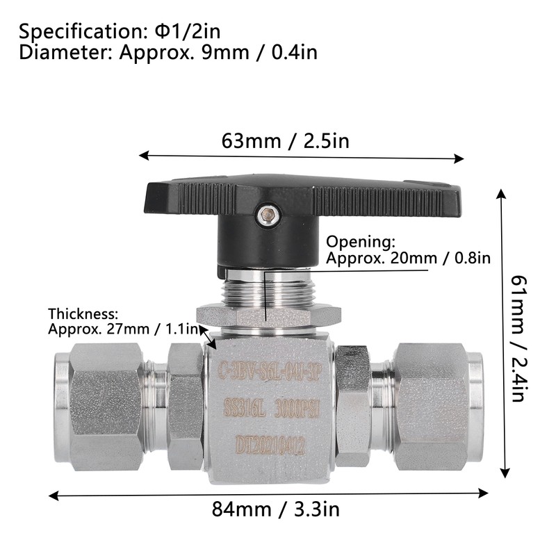Ball Valve Straight Through 1/2in Thread Fluid Control Device Stainless