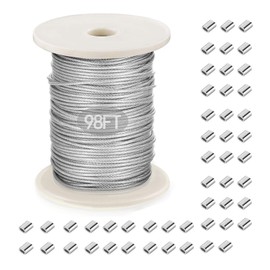 Picture Hanging Wire, Plastic-Coated Stainless Steel Wire with 50pcs Aluminum Crimping Loop Sleeve for Hanging Photo Frame Artwork Mirror Bird Feeder String Light Plant Climbing (1.5mm x 98Feet)
