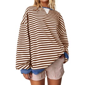 UEU Womens Oversized Sweatshirts Casual Striped Pullover Tops Long Sleeve Crewneck Fall Trendy Preppy Clothes Coffee Striped Small