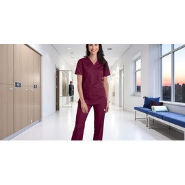 CARE SMART UNIFORM V-Neck Top with Badge Loop, XS, Wine