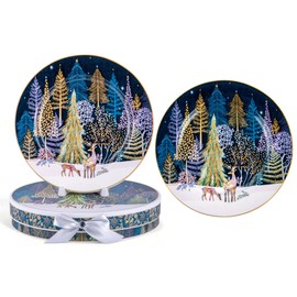 STP GOODS Bone China Dessert Plate Set of 2 in Gift Box 7.5" (19 cm) Vintage Plates, Appetizer Plates, Salad Plates for Home & Kitchen, Christmas Collection, Dishwasher safe (Winter Forest)