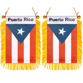 ZXvZYT 3 X 5 Inch Puerto Rico Window Hanging Flag Puerto Rican Small Mini Car Flags Banners Rearview Mirror Decoration - with Suction Cup & Golden Fringy Banner(2 Pack)