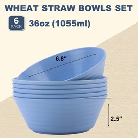 Wrova Wheat Straw Bowl Sets,6 PCS Unbreakable Cereal Bowl 36 OZ,Microwave and Dishwasher Safe Bowls,Kids Bowls for Serving Soup,Oatmeal and Salad （Sky Blue）