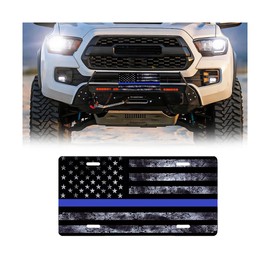 BELOMI Ameican Flag Car License Plate Cover, Aluminum Alloy 4 Holes 12 × 6 Inches Vehicle Front License Caps, Patriotic Automotive Plate Tag Decorative Accessories, Universal Fit (Black/Blue)