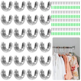 24 Pack Stainless Steel Closet Rod Brackets, U-Shaped Heavy Duty Flange Sockets for 1-1/4 Inch Rods, Rust-Proof Closet Rod Holders with Screws & Anchors | Wardrobe, Kitchen, Balcony