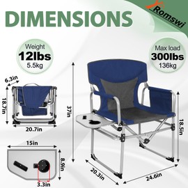 Romswi Director Chairs for Outdoor, Folding Camping Chair, Compact Directors Chair Side Table and Side Bag, Heavy Duty Oversize Seat for Beach Fishing Picnic Chairs, Holds up to 300 lbs Blue 2 Pcs