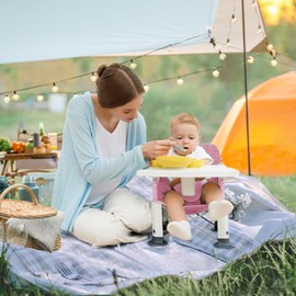 Baby Travel Booster Seat with Double Tray, BabyBond Upgraded Toddler Portable Baby Chair, Booster Seat for Dining Table, Stable and Foldable Booster Baby Chair for Indoor/Outdoor (Pink)