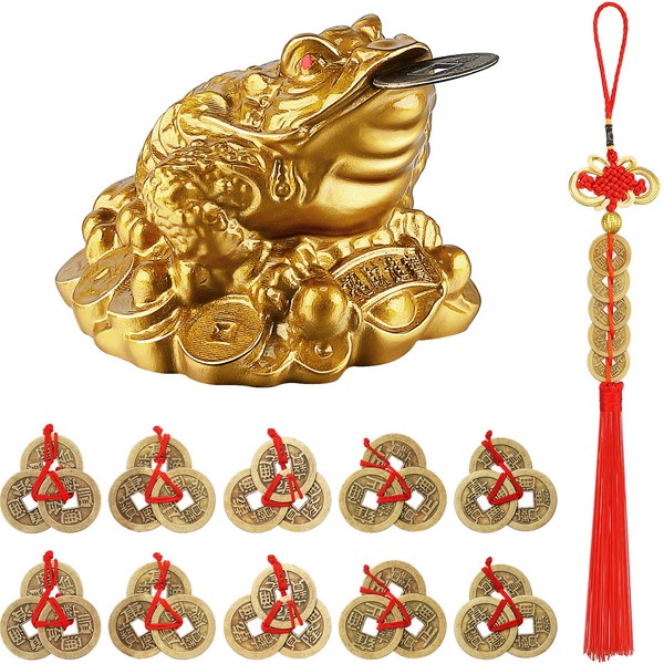 Feng Shui Money Frog Fortune Coin Money Toad Three Legged Toad Statue with Coin, 10 Pieces Chinese Fortune Coins Feng Shui Coins with Red String, Chinese Knot Lucky Coins for Attracting Wealth Success