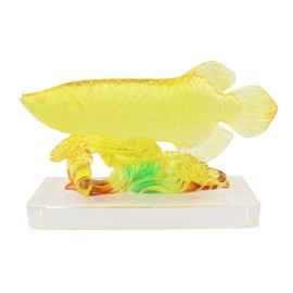 7" Feng Shui Yellow Arowana Fish Statue on Glass Base Statue