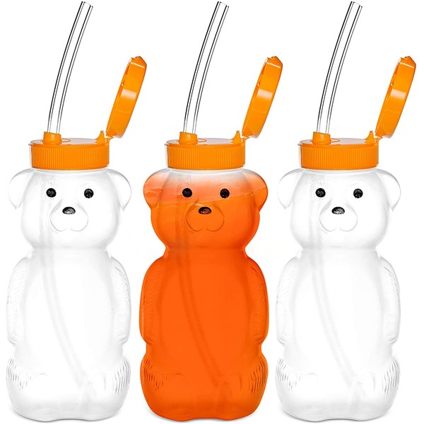 Special Supplies Juice Bear Bottle Drinking Cup Long Straws, 3 Pack, Squeezable Therapy and Special Needs Assistive Drink Containers, Spill Proof and Leak Resistant Lids