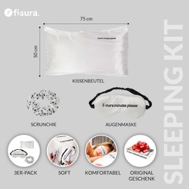 Fisura – Schlafset “5 more minutes”. Enthält: Satin-Kopfkissenbezug 50x70 cm, weiches Haargummi aus Satin und bequeme Schlafmaske. Originelle Geschenkidee für Frauen.
