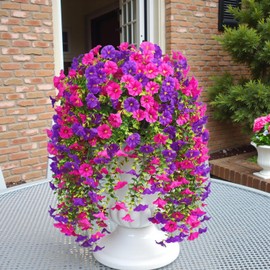 Artificial Fake Hanging Flowers Plants for Outdoor Spring Decoration 2Pcs Faux Petunias, UV Resistant Look Real for Home Indoor Outside Planter Porch Decor (Violet+Red 2pcs)