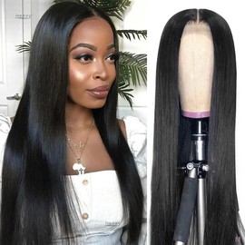 Wig Straight lace wig, high-definition transparent lace front wig no glue, suitable for women's natural color (Black, 65cm)